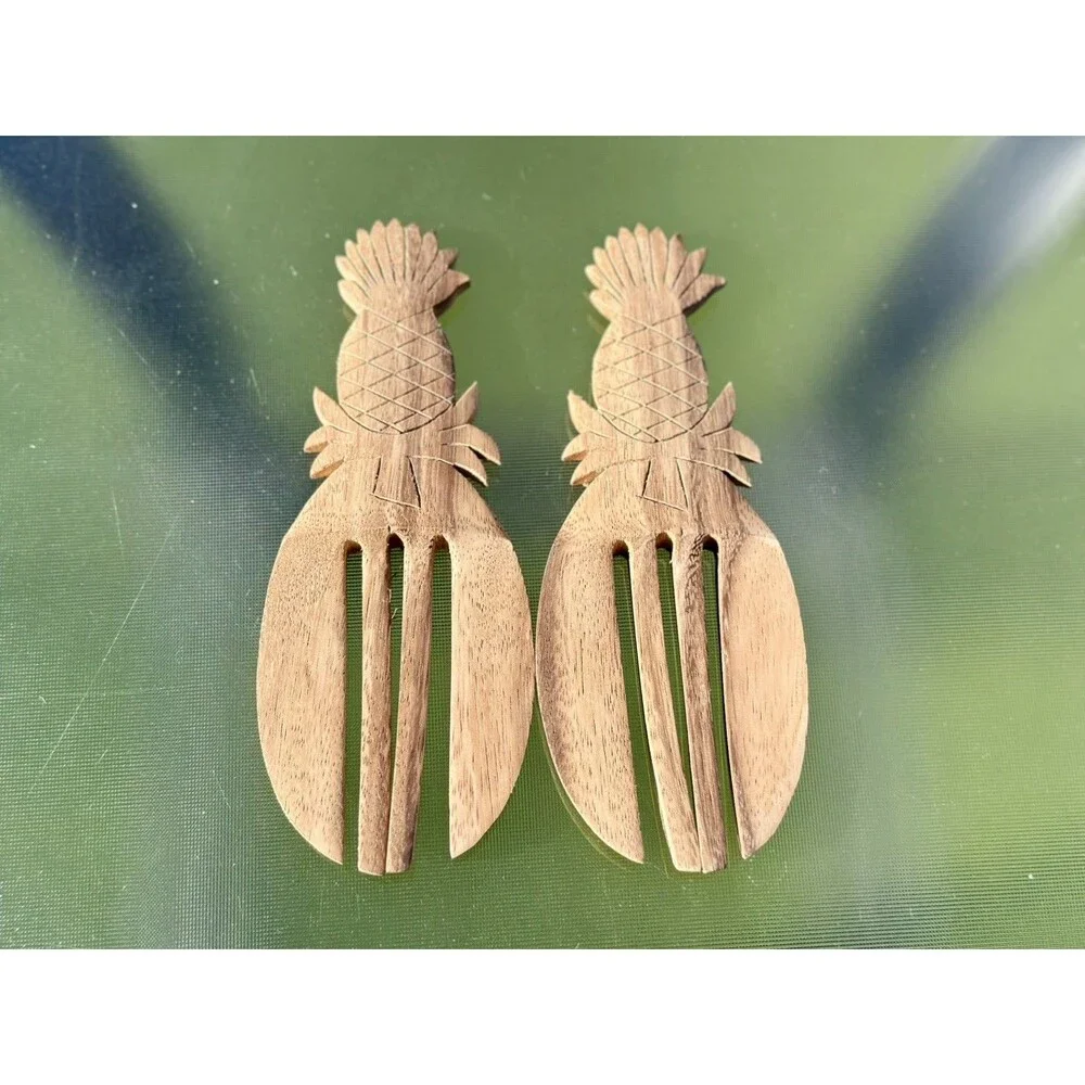 Pair of Acacia Wooden Pineapple Shaped Carved Salad Hands Server Hand Carved